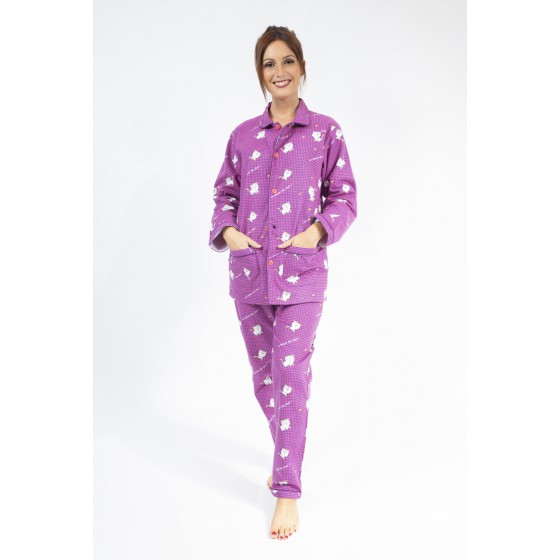 Pyjama boutonné adulte en pilou JUSQU'AU LEVER DU JOUR - Chat Rose