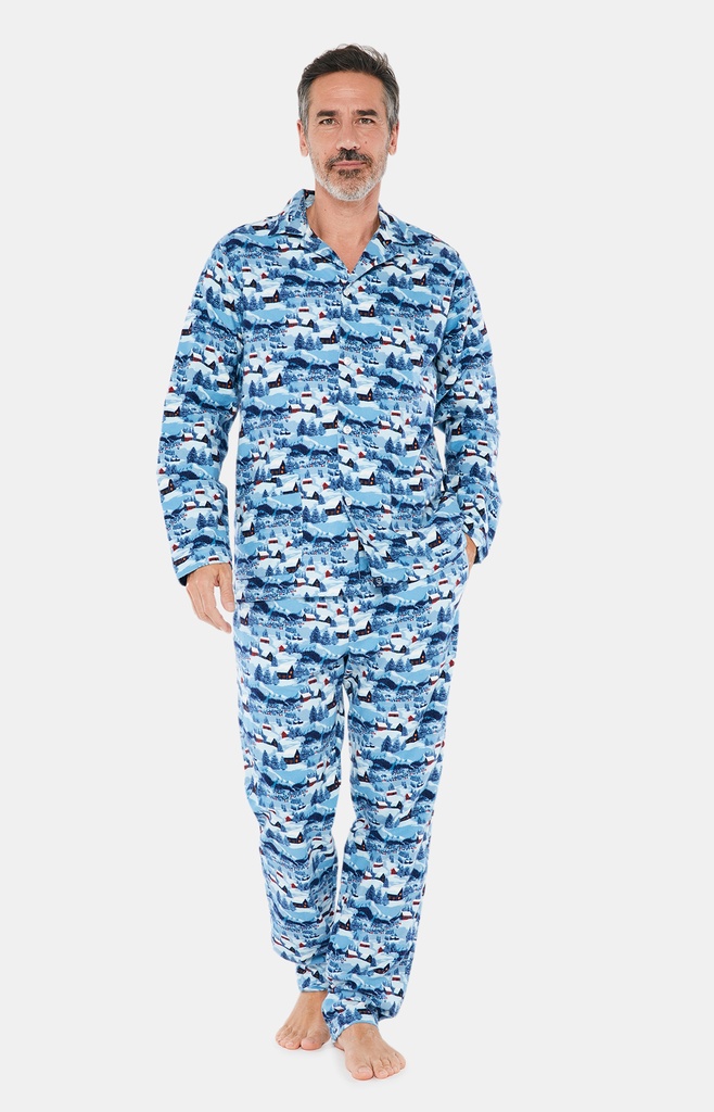 Pyjama long homme boutonné 100% coton Oeko-Tex ARTHUR "Petits Chalets" PLC - Bleu NUITH22