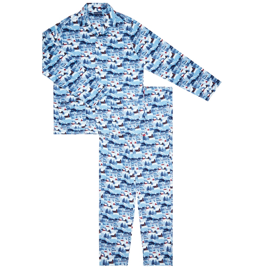 Pyjama long homme boutonné 100% coton Oeko-Tex ARTHUR "Petits Chalets" PLC - Bleu NUITH22