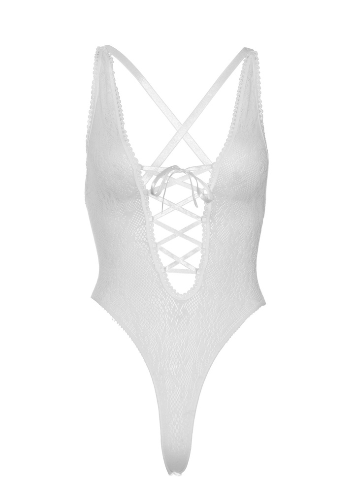 Body string tout dentelle ultra sexy laçage à l'entre seins LEG AVENUE 89248 - Blanc 002