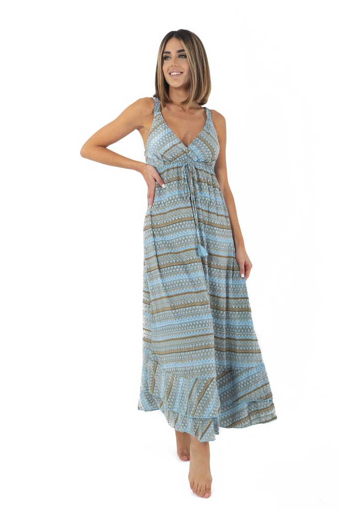 Robe de plage longue sans manches DAVID "Lidia Strappy" DB23-096 - Bleu Motif