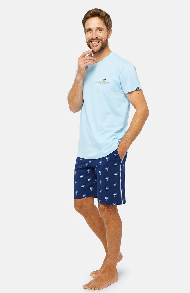 Pyjama Short 100% coton bio ARTHUR "Palmier" PAU - Marine PALME23