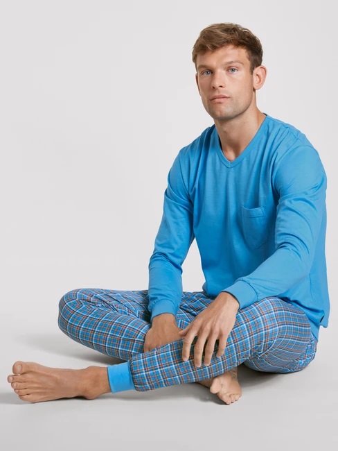 Pyjama homme long à bords côtés 100% coton CALIDA "Relax Imprint" 44684 - Azurit Blue 474