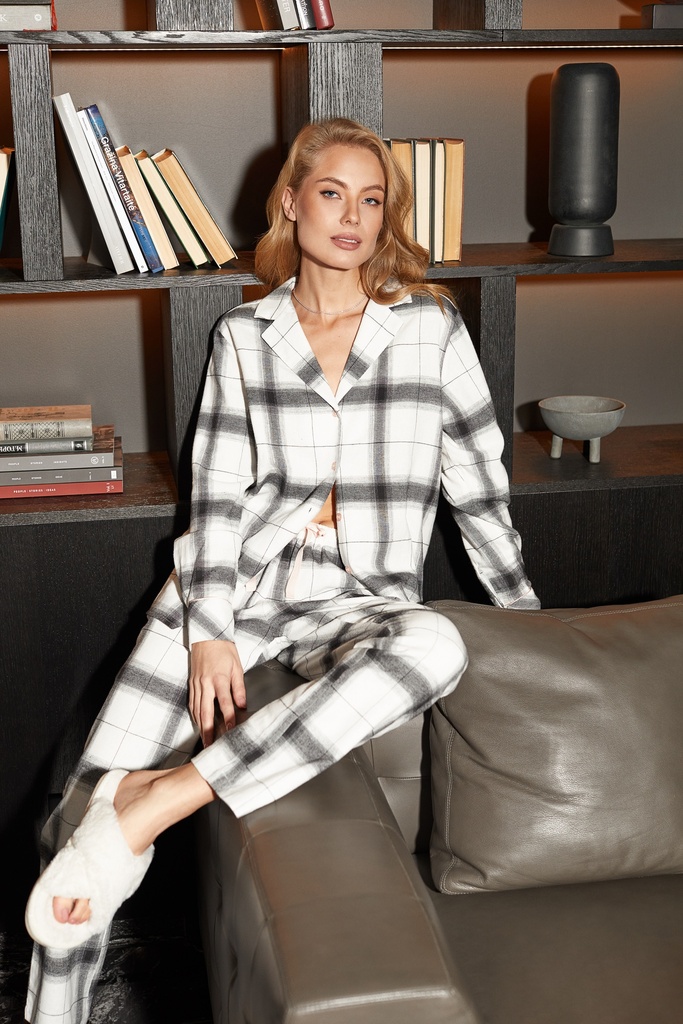 Pyjama dame long boutonné 100%coton ARUELLE "Catalina" AR-CATA-PL - Blanc Gris MULTIC