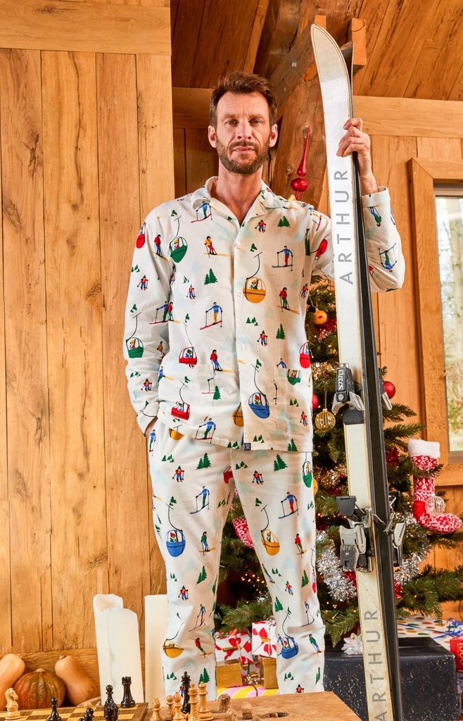 Pyjama long homme boutonné 100% coton en pilou ARTHUR PLC -  Blanc SKISH23