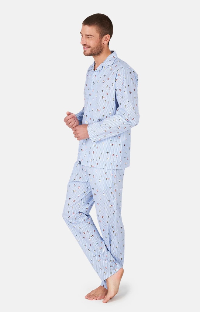 Pyjama long homme boutonné 100% coton en pilou ARTHUR PLC -  Bleu SURFE24