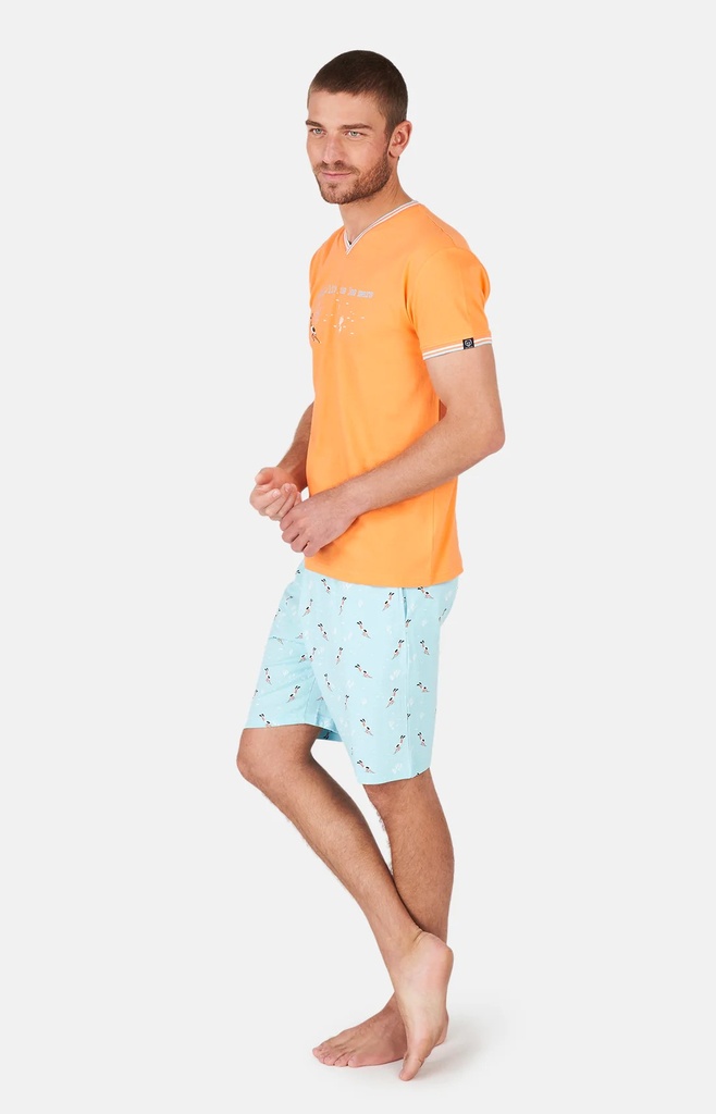 Pyjama short homme 100%coton bio ARTHUR "Plongeur" PAU - Orange Lagon DIVEE24