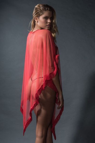 Poncho sexy tulle & franges FOLIES RENAUD "Carly" 10040F - Rouge