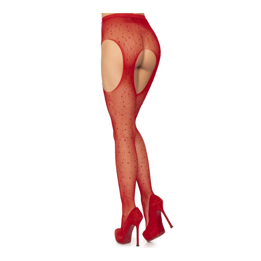 Bas sexy résille et strass effet porte jarretelle LEG AVENUE 9108 - Rouge 003