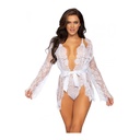 Body & peignoir & string tout dentelle sexy & ceinture satin - 3 pièces - LEG AVENUE 86112 - Blanc 002