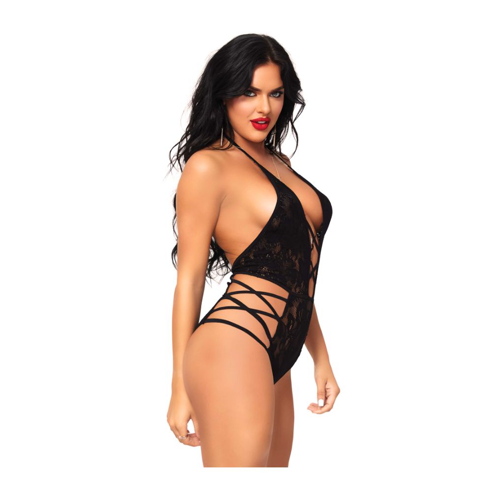 Body dentelle lanières dos nu & décolleté profond LEG AVENUE 81550 - Noir 001