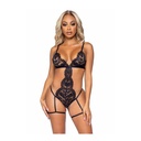 Body string & porte jarretelle & kimono en dentelle sexy - 3 pièces - LEG AVENUE 86123 - Noir 001