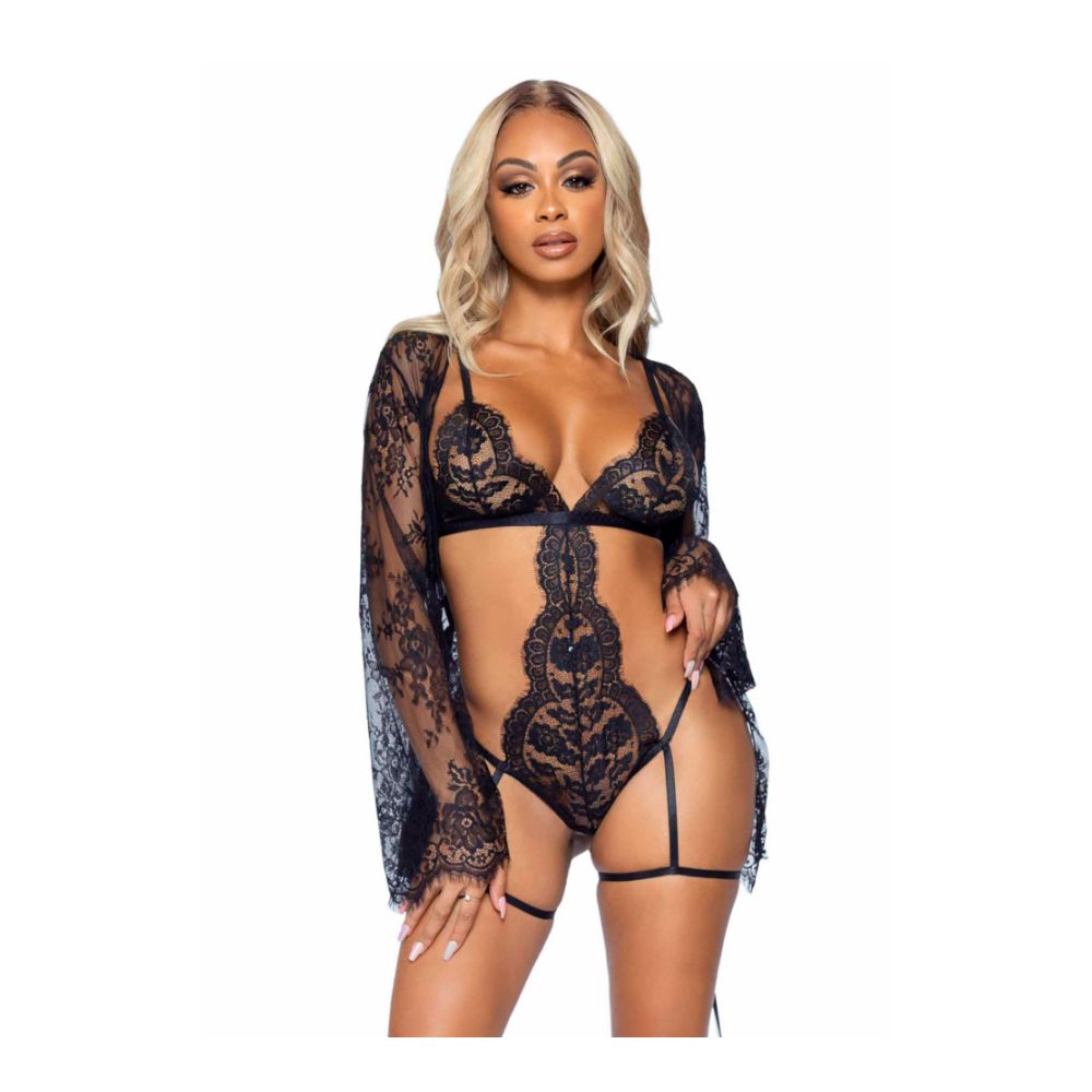 Body string & porte jarretelle & kimono en dentelle sexy - 3 pièces - LEG AVENUE 86123 - Noir 001