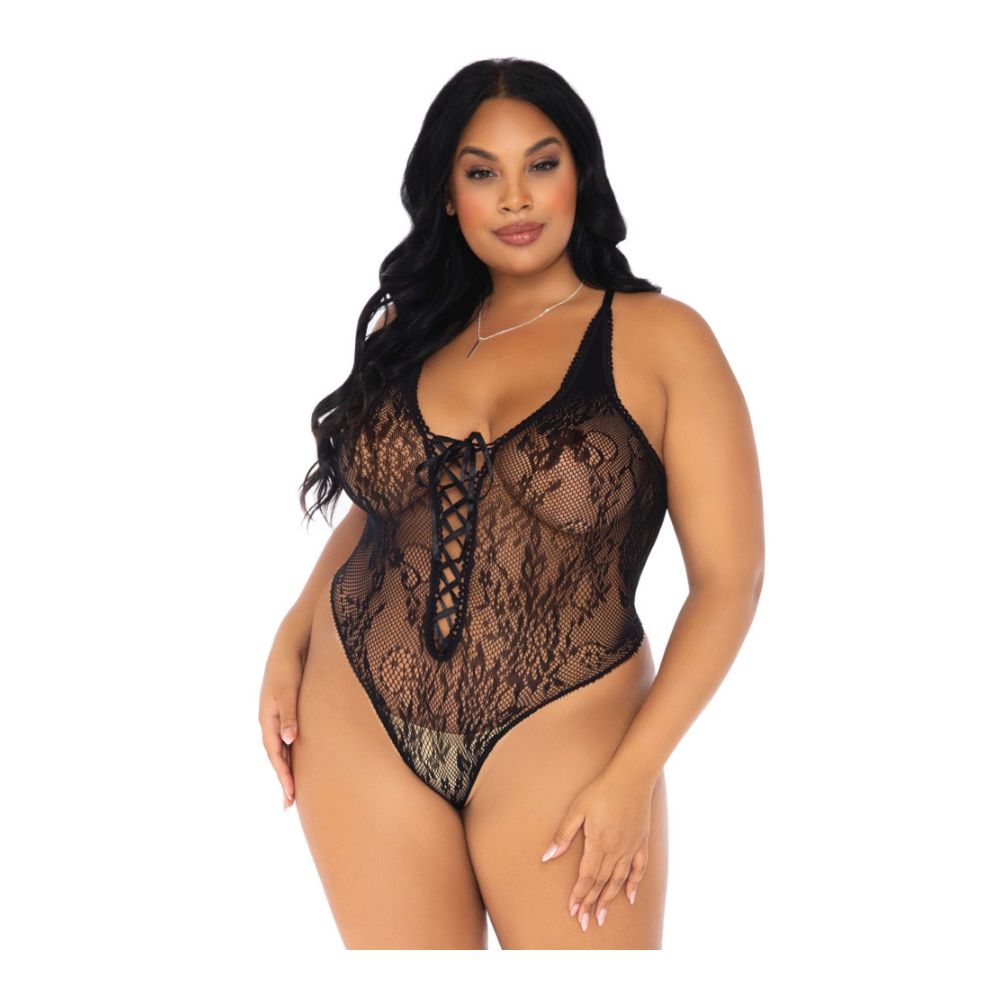 Body string tout dentelle ultra sexy laçage à l'entre seins - Plus size - LEG AVENUE 89248X - Noir 001