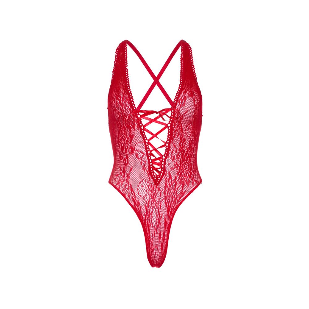 Body string tout dentelle ultra sexy laçage à l'entre seins LEG AVENUE 89248 - Rouge 003