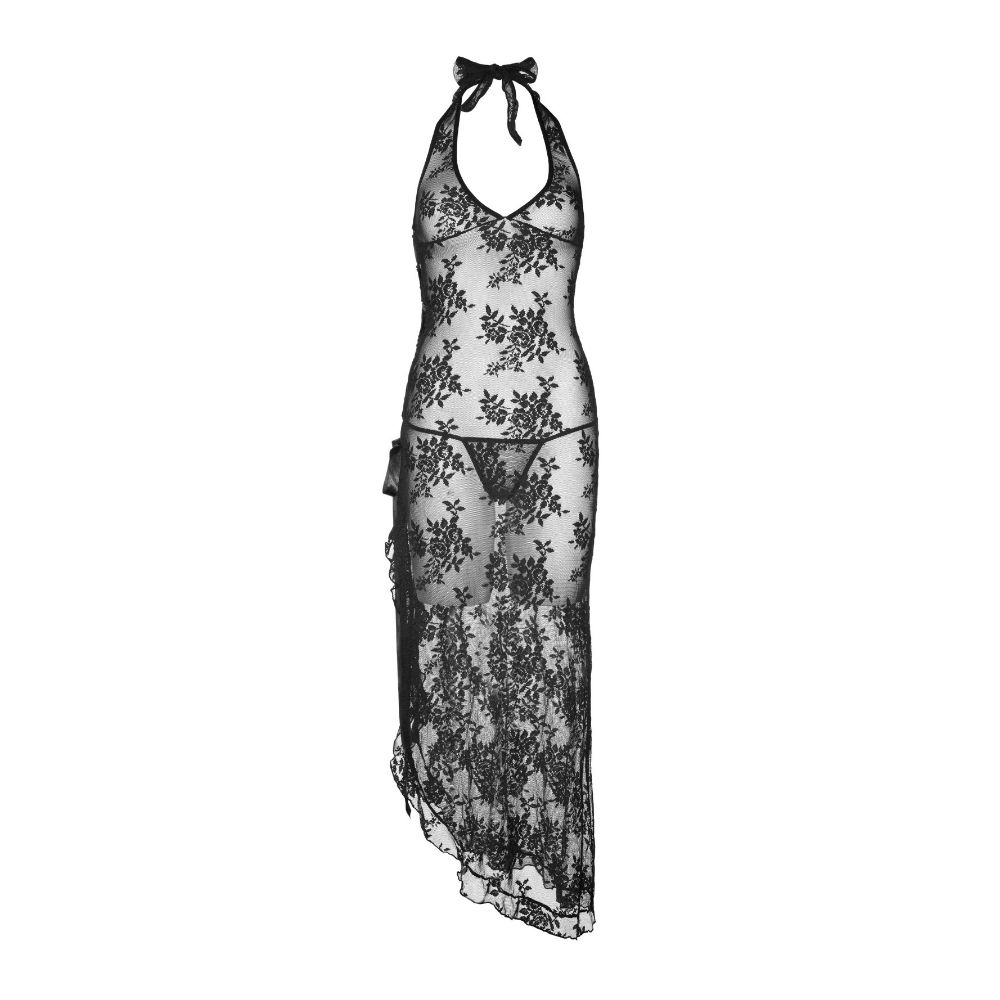 Longue robe dentelle transparente sexy & string - 2 pièces - LEG AVENUE 88009 - Noir 001