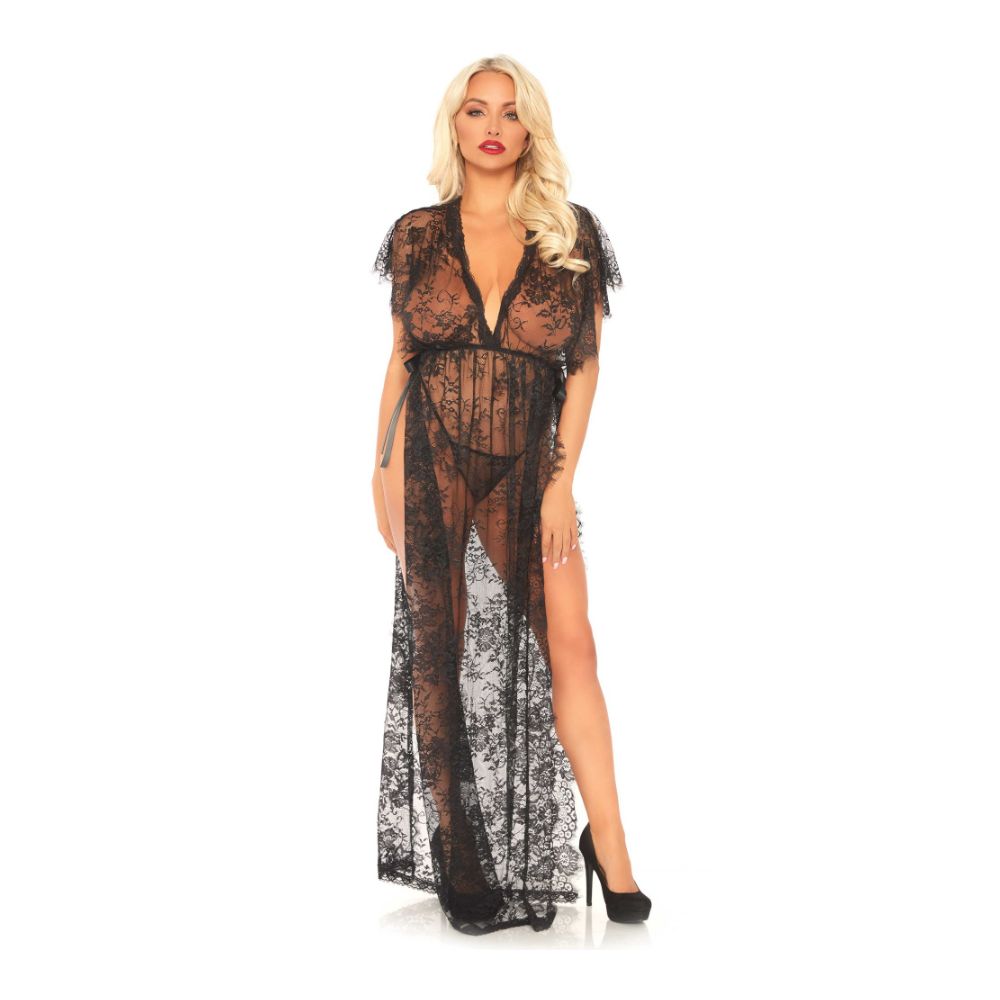 Longue robe fendue en dentelle & string sexy - 2 pièces - LEG AVENUE 86103 - Noir 001