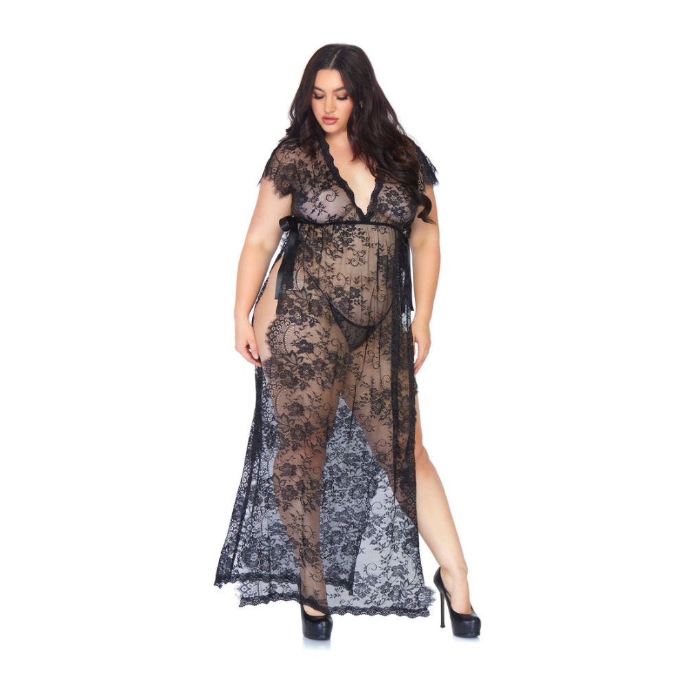 Longue robe fendue en dentelle & string sexy - Plus Size - 2 pièces - LEG AVENUE 86103X - Noir 001