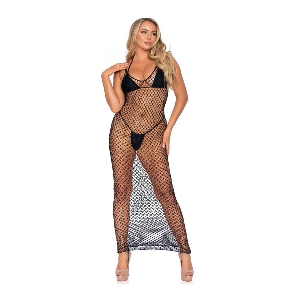 Longue robe transparente en résille sexy LEG AVENUE 86963 - Noir 001