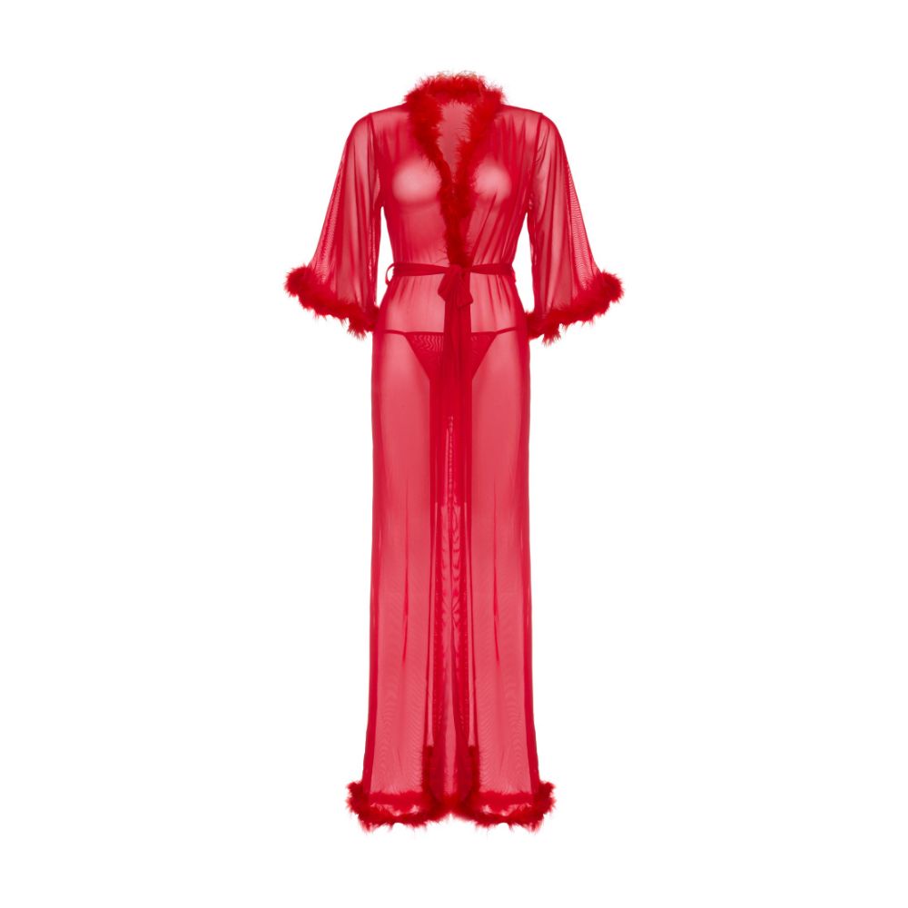Longue robe voile transparente & boa avec cravate & string - 3 pièces - LEG AVENUE 86111 - Rouge 003