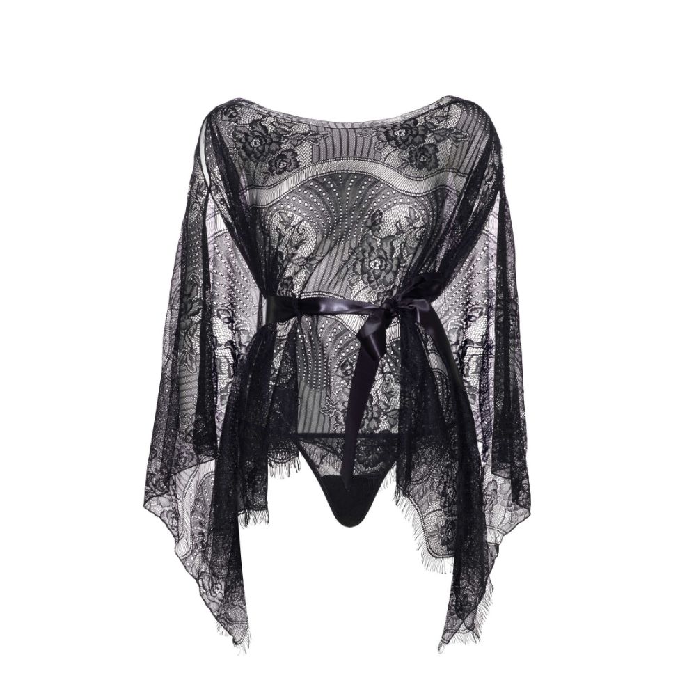 Poncho en dentelle avec ceinture de satin & string sexy - 3 pièces - LEG AVENUE 86104 - Noir 001