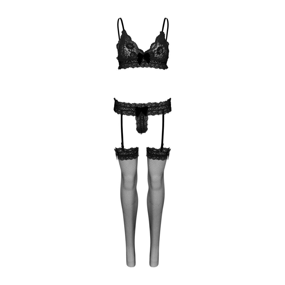 Soutien-gorge & string & porte jarretelle sexy - 3 pièces - LEG AVENUE 89293 - Noir 001