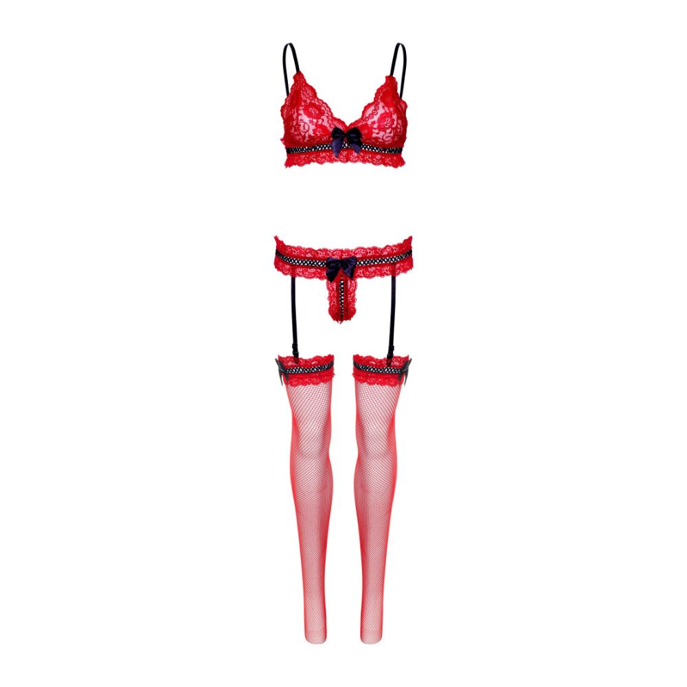 Soutien-gorge & string & porte jarretelle sexy - 3 pièces - LEG AVENUE 89293 - Rouge 003