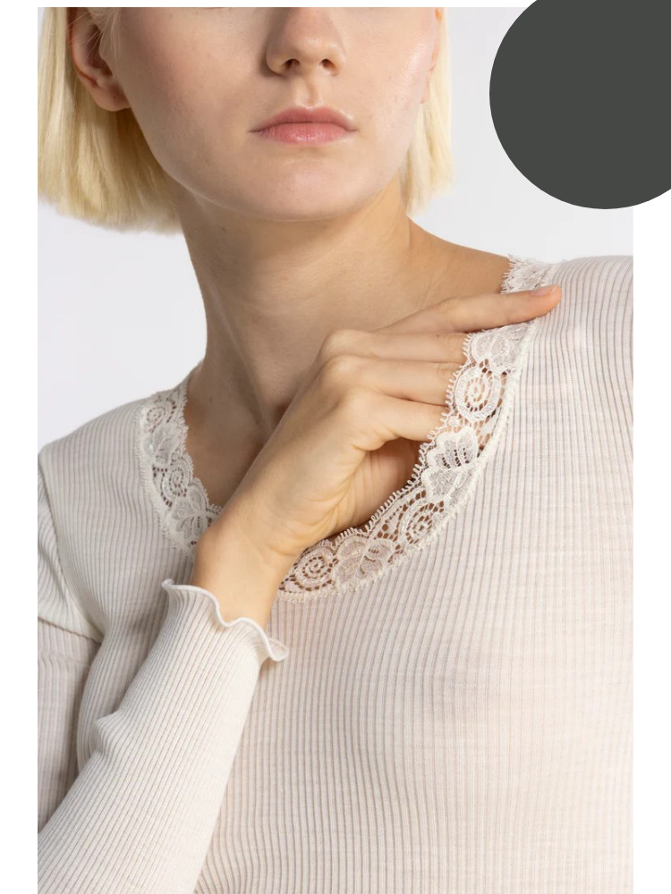 Chemisette longues manches col rond enlaine & soie avec dentelle OSCALITO 3416 - Kaki 932