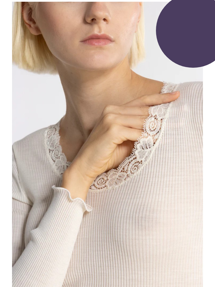 Chemisette longues manches col rond en laine & soie avec dentelle OSCALITO 3416 - Mauve 666