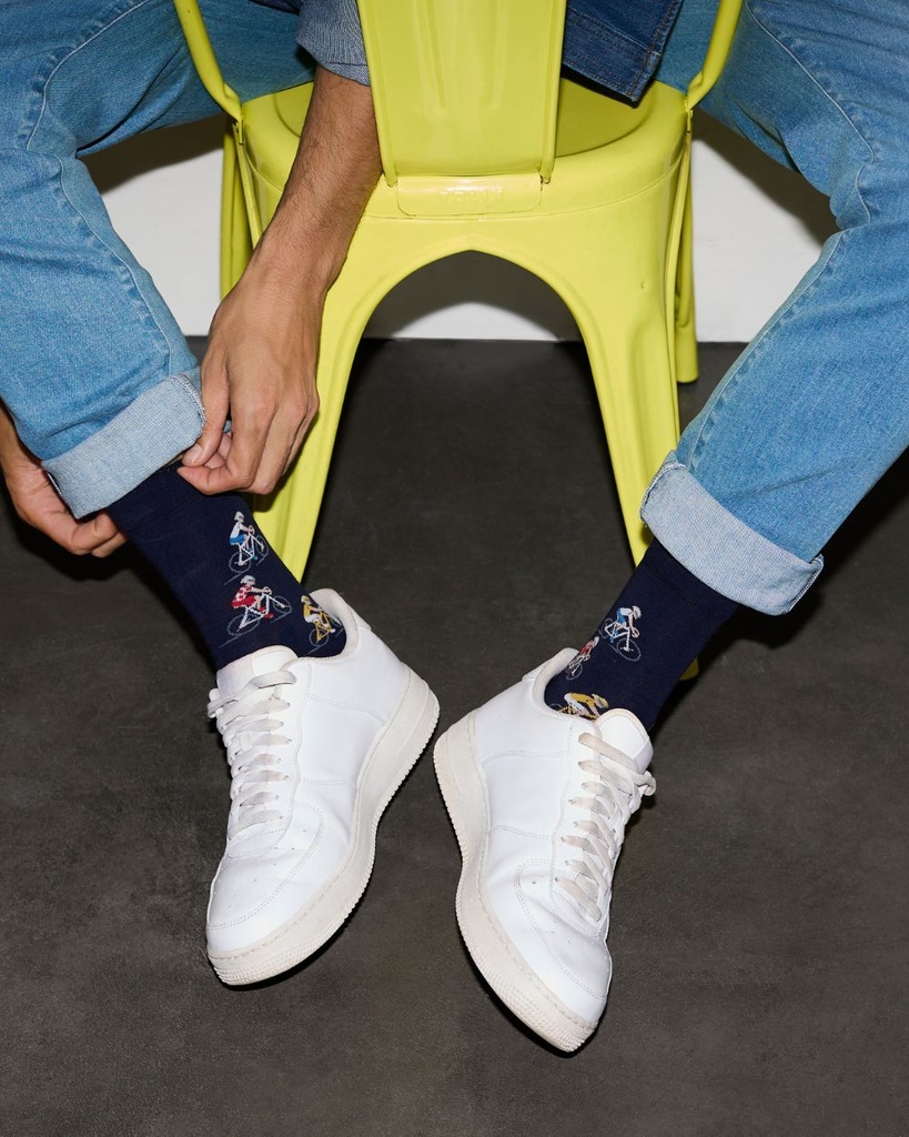 Chaussettes homme fantaisie BLEU FORET "Coton" 7084 - Encre Cyclistes JI8