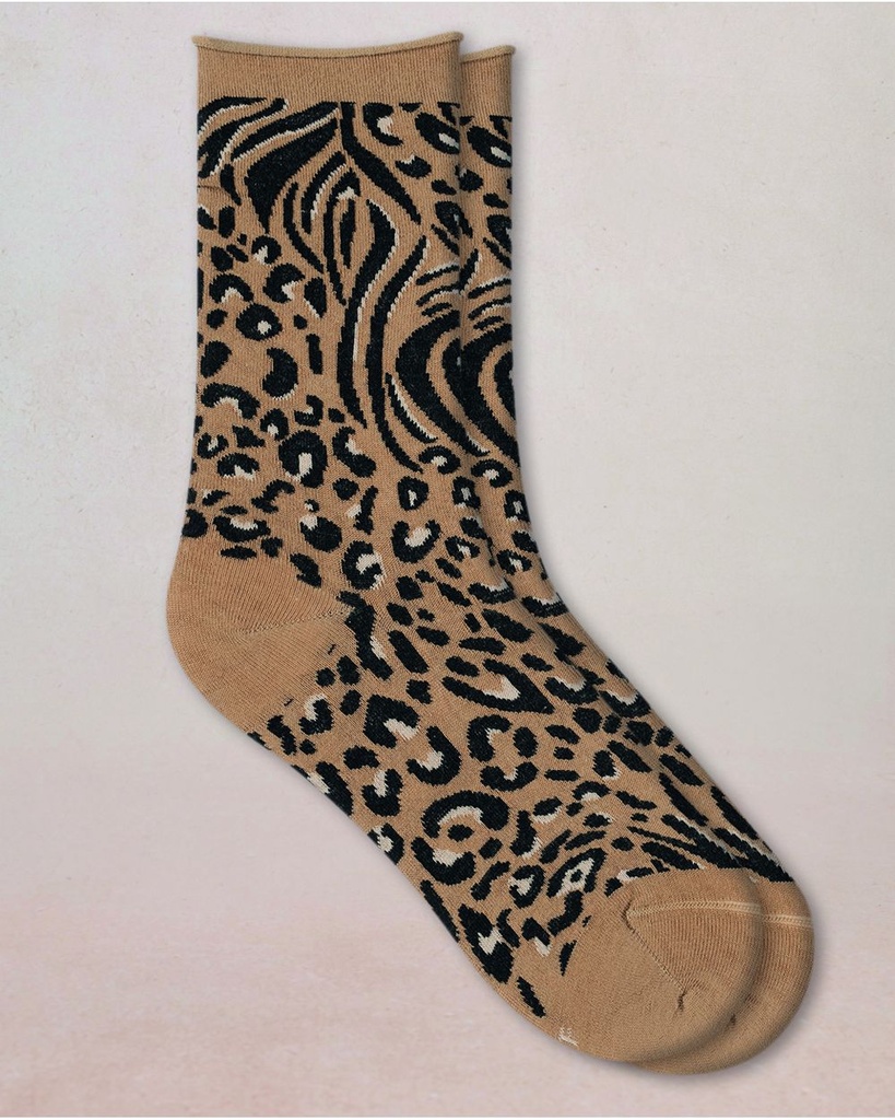 Chaussettes dame bords roulés BLEU FORET "Laine Fine Peau de Bête" FBU6562 - Fauve LG8