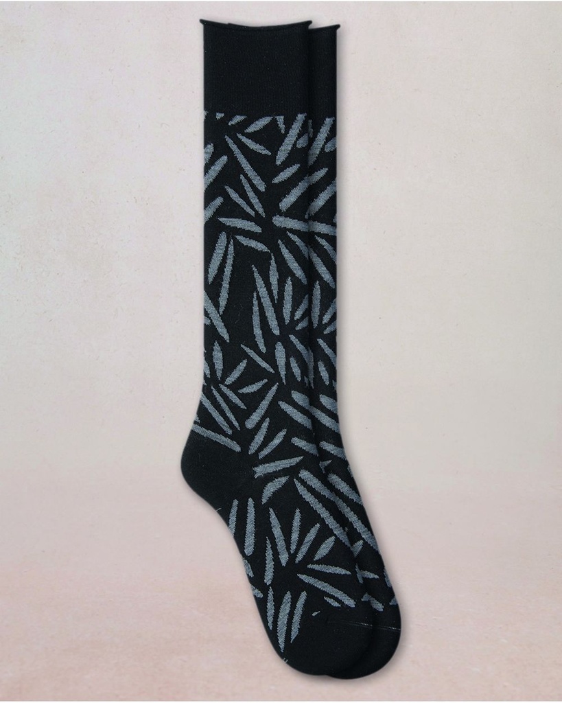 Mi-bas dame BLEU FORET "Laine Fine Feuilles Sauvages" FBU6561 - Noir AR5