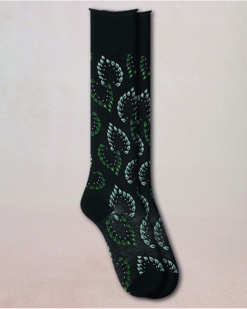 Chaussettes dame coton 3/4 BLEU FORET "Veloutés Feuillage" FBU6574 - Noir AR5