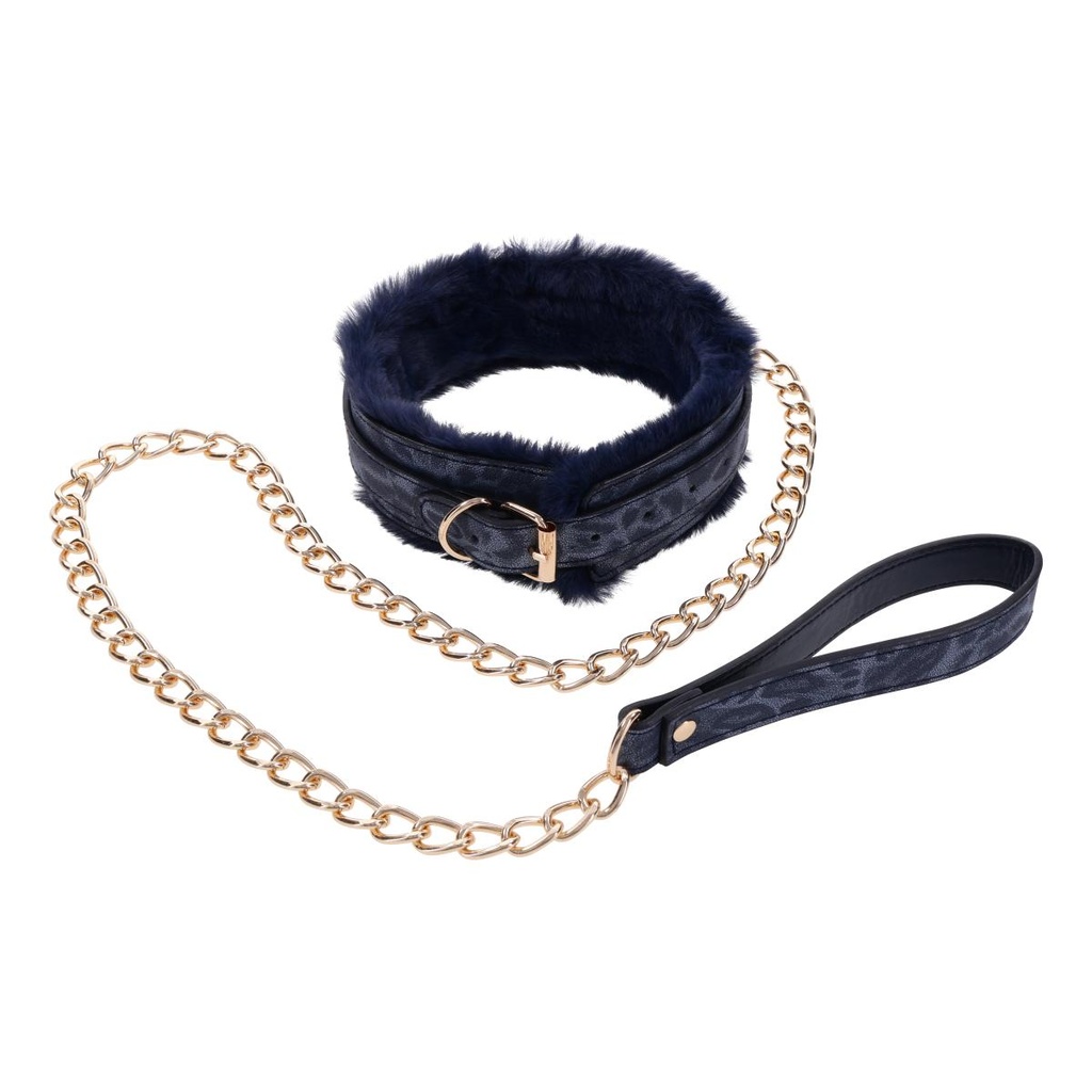 Collier & laisse pour jeux bondage SPORTSHEETS "Cougar Fur Collar & Leash" 116844 - Blue
