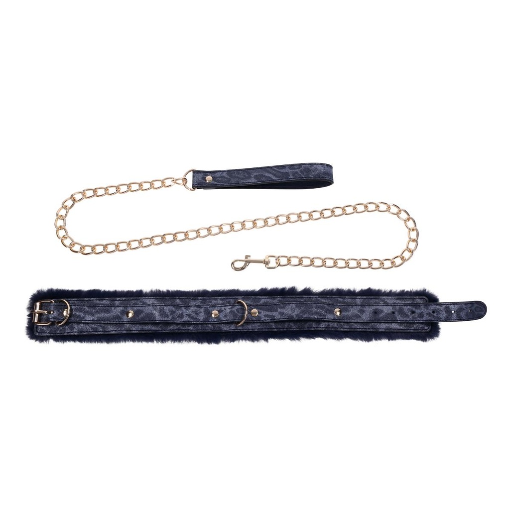 Collier & laisse pour jeux bondage SPORTSHEETS "Cougar Fur Collar & Leash" 116844 - Blue