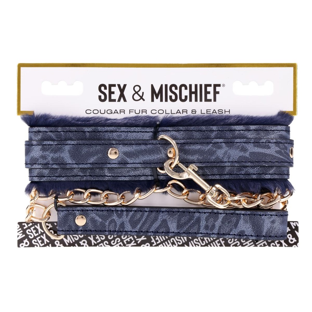 Collier & laisse pour jeux bondage SPORTSHEETS "Cougar Fur Collar & Leash" 116844 - Blue