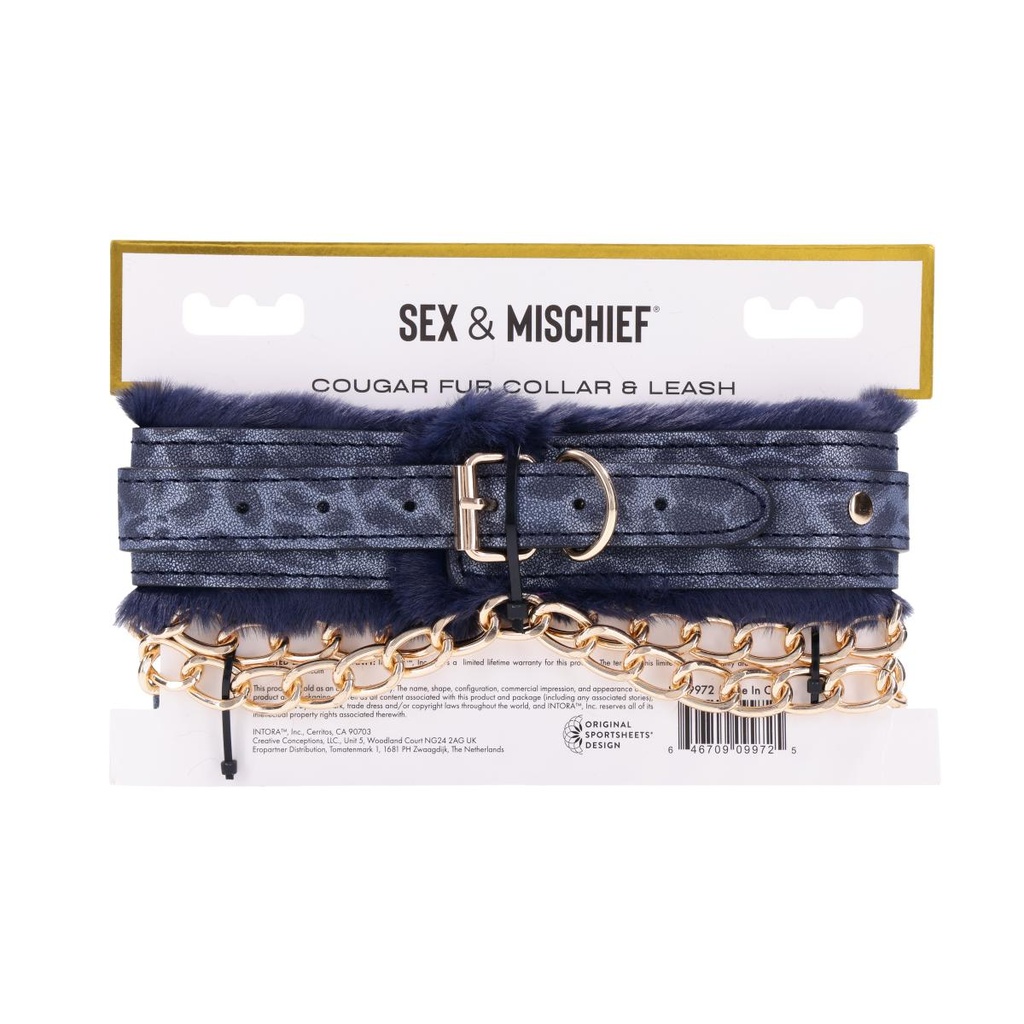 Collier & laisse pour jeux bondage SPORTSHEETS "Cougar Fur Collar & Leash" 116844 - Blue