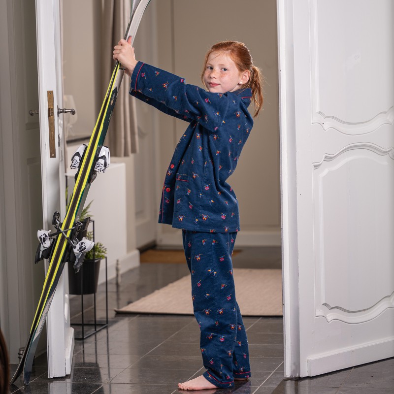 Pyjama enfant en flanelle JUSQU'AU LEVER DU JOUR "Skieurs" 25HPSK - Bleu Nuit 