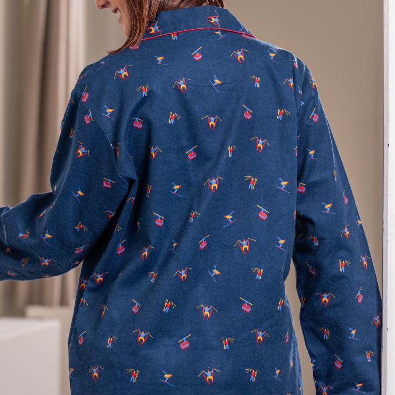 Pyjama adulte en flanelle JUSQU'AU LEVER DU JOUR "Skieurs" 25HPSK - Bleu Nuit
