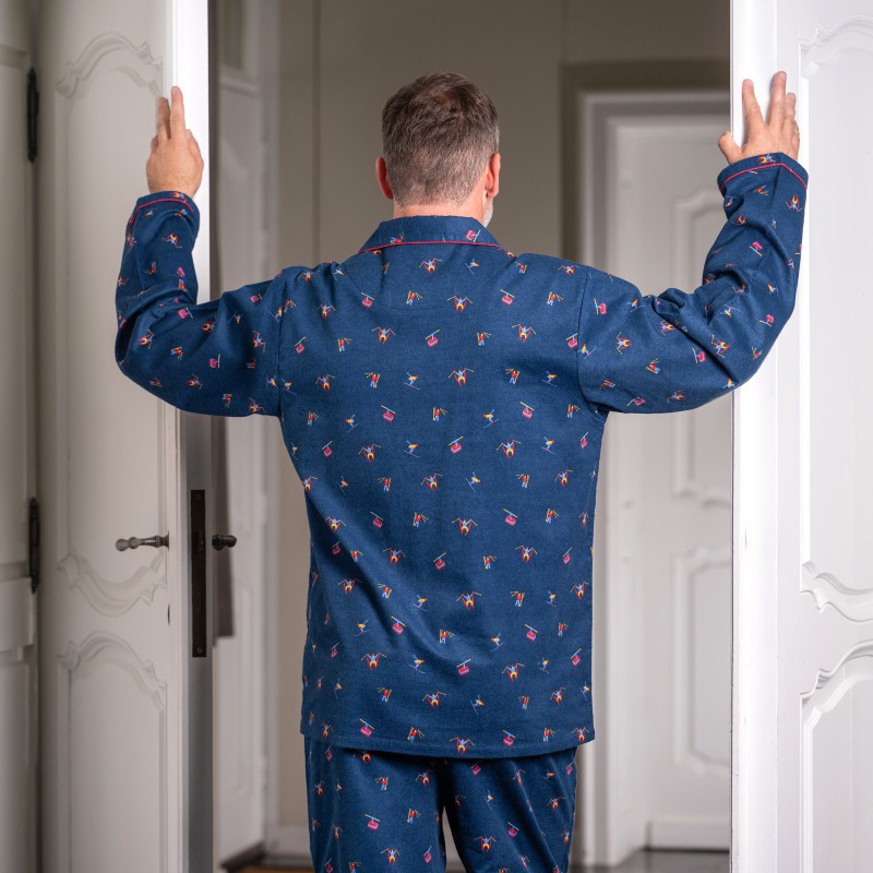 Pyjama adulte en flanelle JUSQU'AU LEVER DU JOUR "Skieurs" 25HPSK - Bleu Nuit