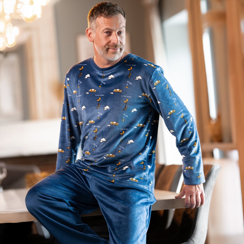 Pyjama adulte polaire JUSQU'AU LEVER DU JOUR "La Nuit Tombe" 25HPNT - Bleu Nuit