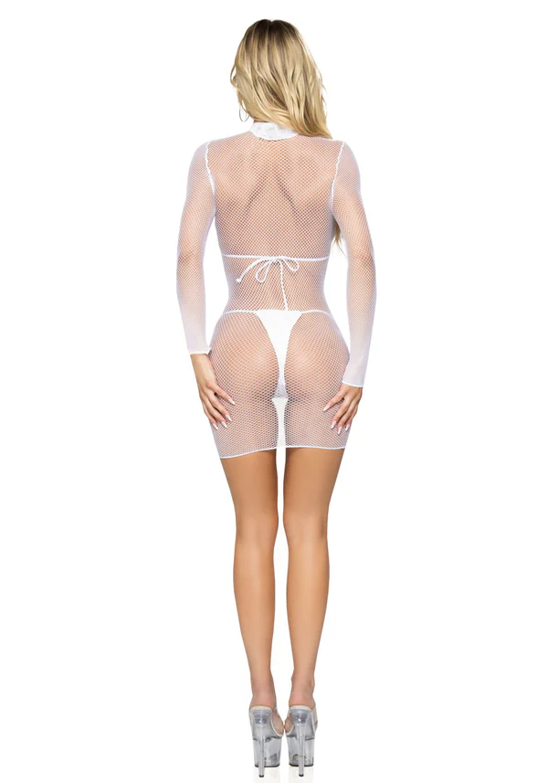 Mini robe sexy à col montant en résille ultra fine LEG AVENUE 86799 - Blanc 002