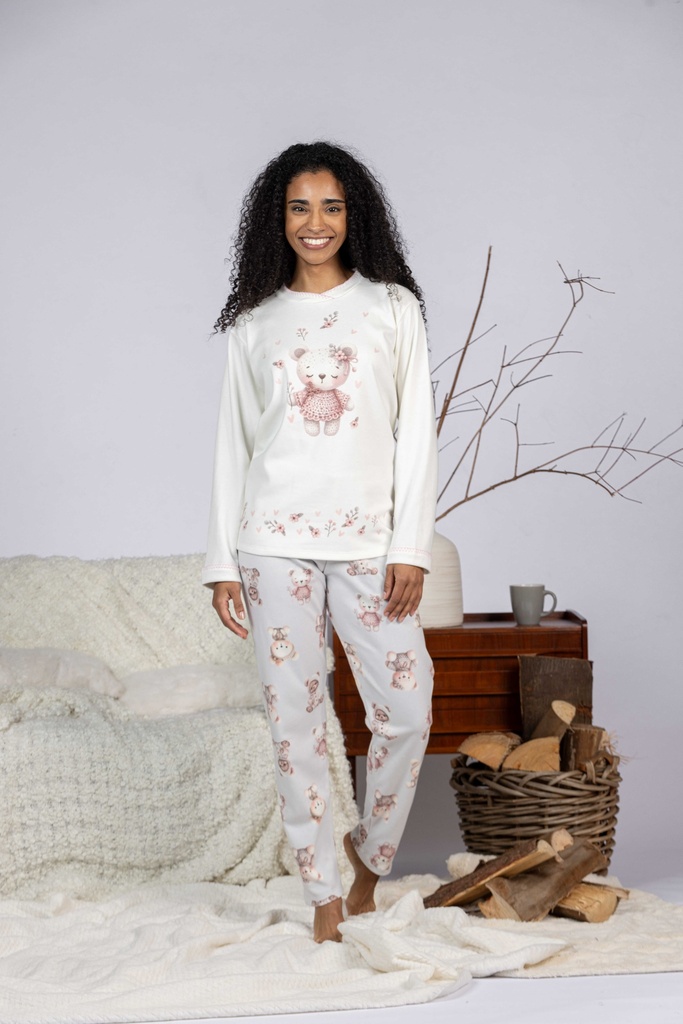 Pyjama long dame MIRA 8450MW - Rose imp Ourson Fleur 02