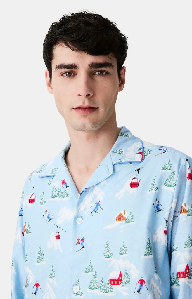 Pyjama long homme boutonné en pilou ARTHUR "Noël en Altitude" PLC - Ciel NOELH25