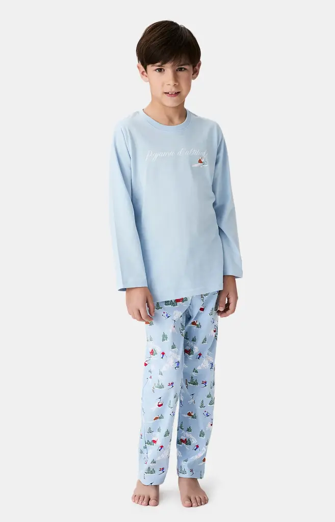 Pyjama long enfant boutonné ARTHUR "Noël en Altitude" LUK -  Ciel NOELH25