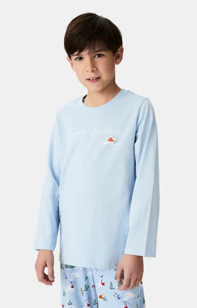 Pyjama long enfant boutonné ARTHUR "Noël en Altitude" LUK -  Ciel NOELH25