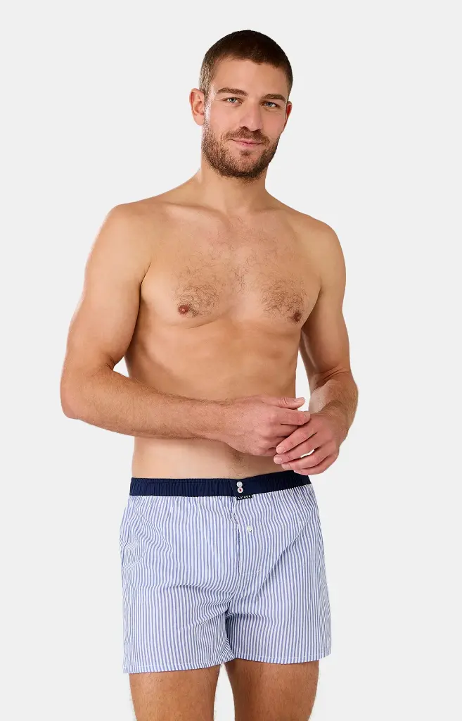 Caleçon américain homme avec maintien intérieur 100% coton bio ARTHUR "Le Club" CSP - Bleu Rayé 004