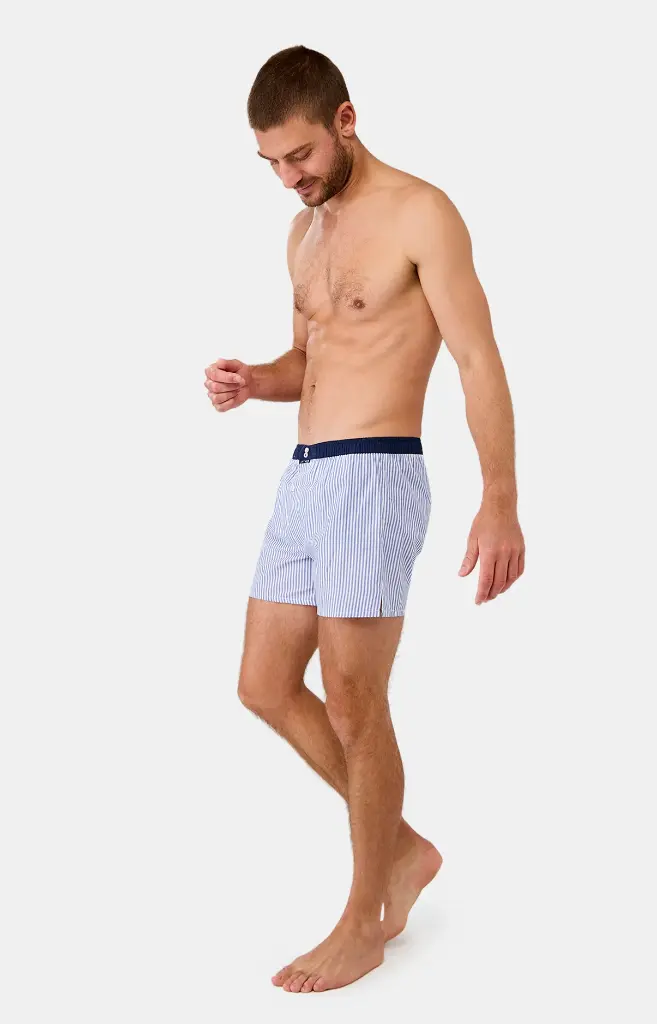 Caleçon américain homme avec maintien intérieur 100% coton bio ARTHUR "Le Club" CSP - Bleu Rayé 004