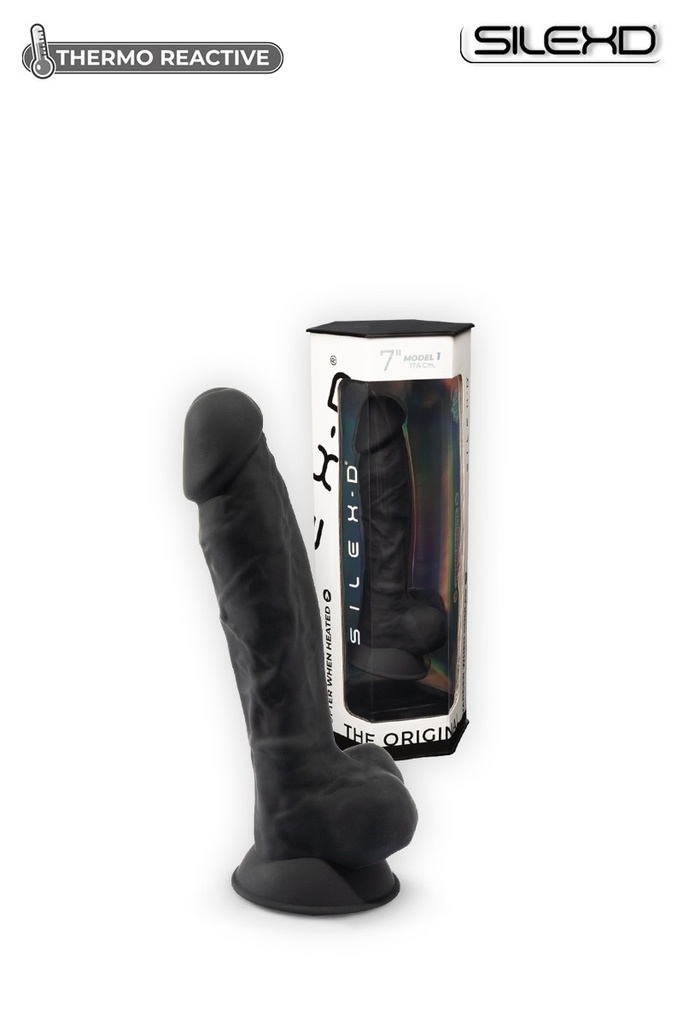 Godemichet réaliste ventouse avec testicules SILEXD "Thermo Réactive Modèle 1" SD220291NB - Noir 17,75cm x 3,8cm