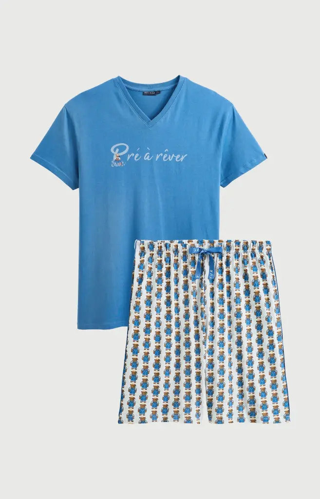 Pyjama short homme 100% coton bio ARTHUR "Pré à Rêver" PAU - Bleu TEDDE26